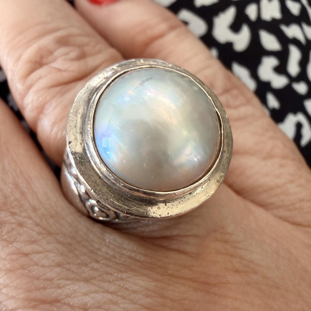 Sterling Silver 925 Mabe Pearl Ring Size 7 Large Dome Statement 16.78g Ornate
